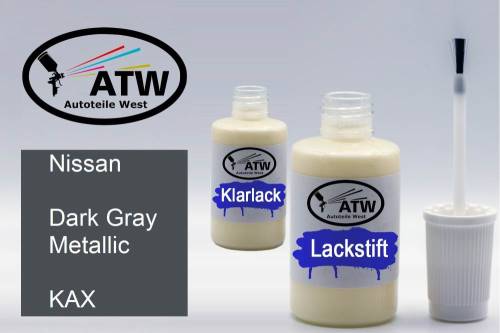 Nissan, Dark Gray Metallic, KAX: 20ml Lackstift + 20ml Klarlack - Set, von ATW Autoteile West.